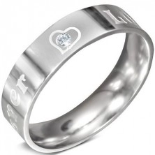 Stalowy pierścionek - napis FOREVER LOVE z cyrkonią, 6 mm