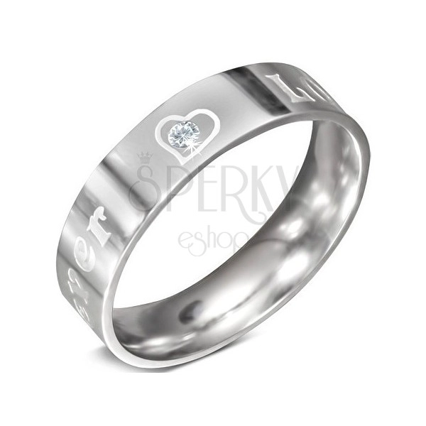 Stalowy pierścionek - napis FOREVER LOVE z cyrkonią, 6 mm