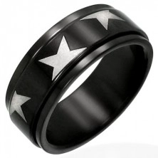 Czarny stalowy pierścionek z ruchomym pasem i gwiazdami