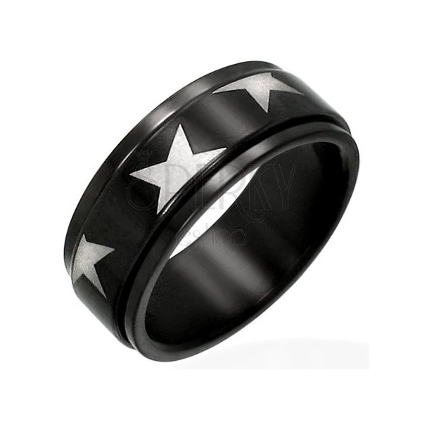 Czarny stalowy pierścionek z ruchomym pasem i gwiazdami