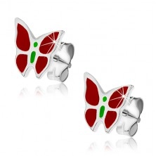 Srebrne kolczyki wkręty 925 - czerwono-zielony motyl