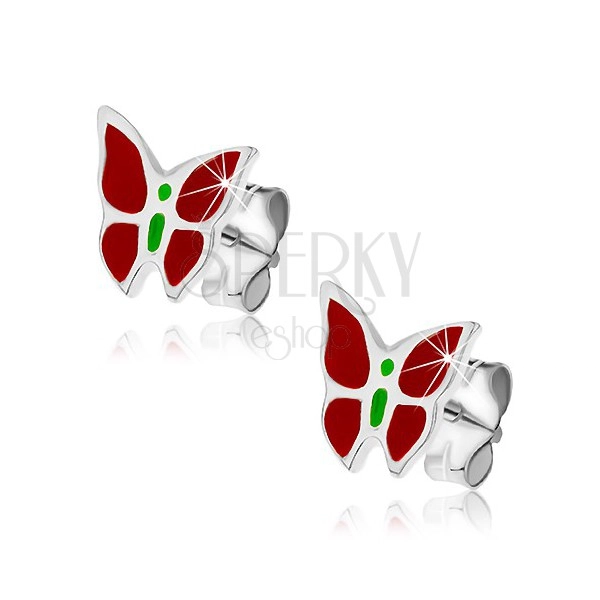 Srebrne kolczyki wkręty 925 - czerwono-zielony motyl