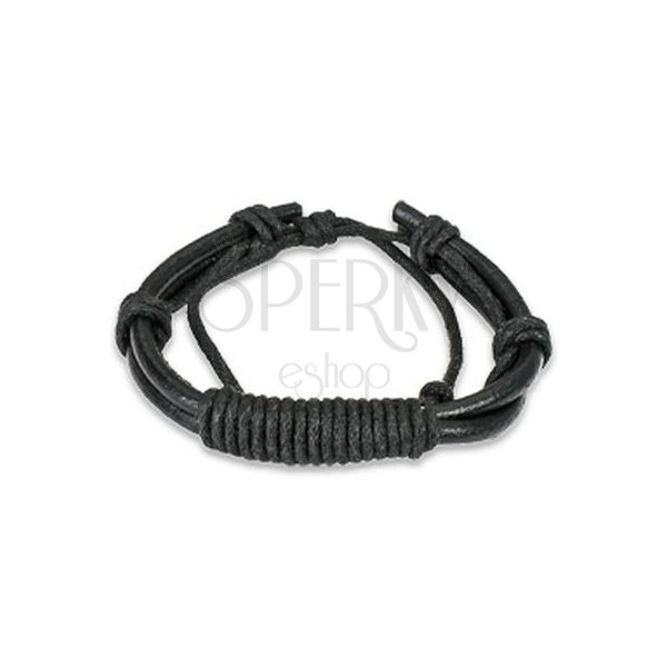 Czarna skórzana bransoletka - płaskie związane sznurki