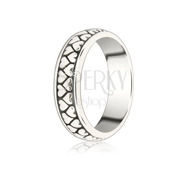 Srebrny pierścień 925 - dwa rzędy odwróconych serduszek z patyną