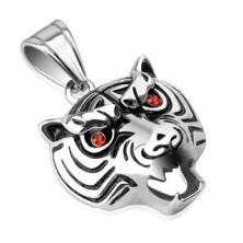 Stalowa zawieszka - błyszcząca głowa tygrysa z czerwonymi oczami