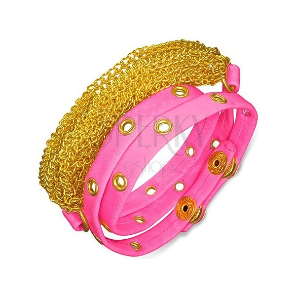 Skórzana bransoletka - różowy pas, nabijany, złote łańcuszki