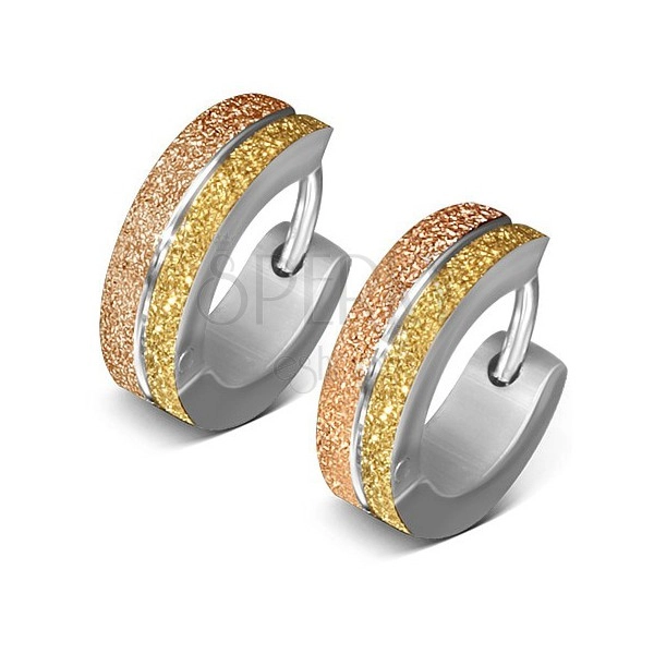 Okrągłe stalowe kolczyki - złoto-srebrne piaskowane pasy