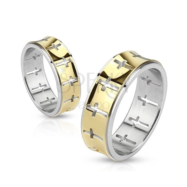 Stalowy pierścionek - złoty pasek z wyciętymi krzyżami