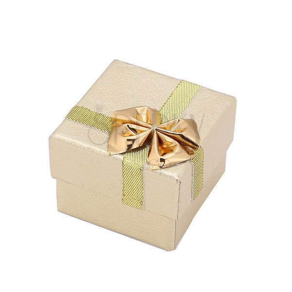 Złote pudełko prezentowe na pierścionek - wzorzyste, kokardka, wstążka