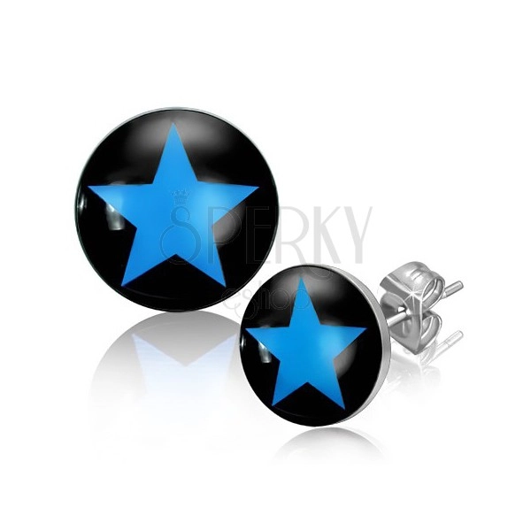 Stalowe kolczyki z niebieską gwiazdą w czarnym kole