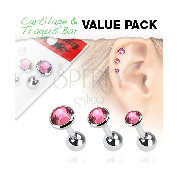 Zestaw trzech stalowych kolczyków do ucha z okrągłymi różowymi cyrkoniami