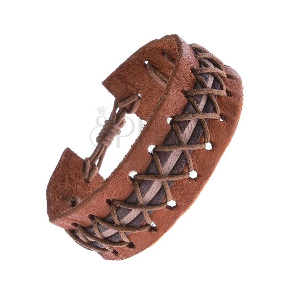 Skórzana bransoletka - karmelowo-brązowa, zdobiony pasek, skrzyżowane sznurki