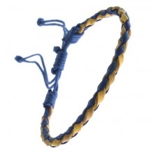 Skórzana bransoletka - obła plecionka ze sznurkami, niebiesko-żółta