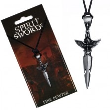 Czarny naszyjnik - srebrzysty miecz, ptak na rękojeści, sznurek