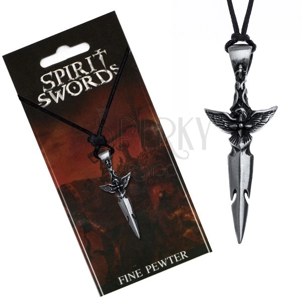Czarny naszyjnik - srebrzysty miecz, ptak na rękojeści, sznurek