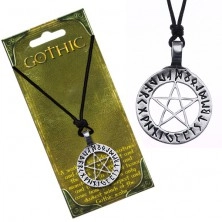 Naszyjnik ze sznurkiem - magiczny pentagram z runami w kółku