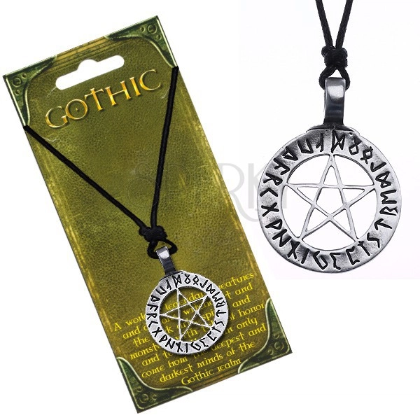 Naszyjnik ze sznurkiem - magiczny pentagram z runami w kółku