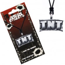 Naszyjnik sznurkowy, metalowa zawieszka - tabliczka z napisem "TNT"