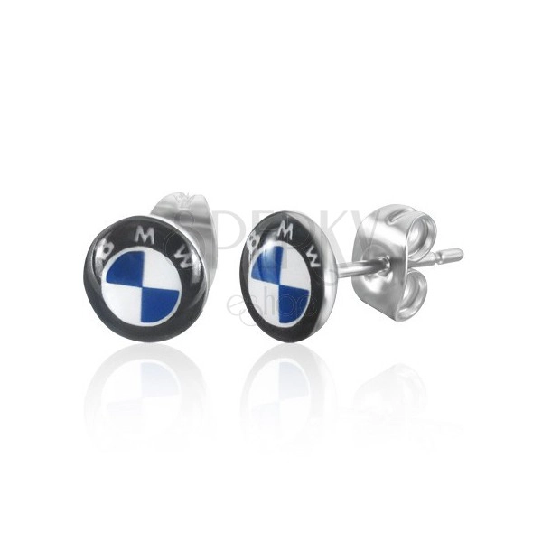 Okrągłe kolczyki wkrętki ze stali - jasnoniebieskie logo marki samochodu