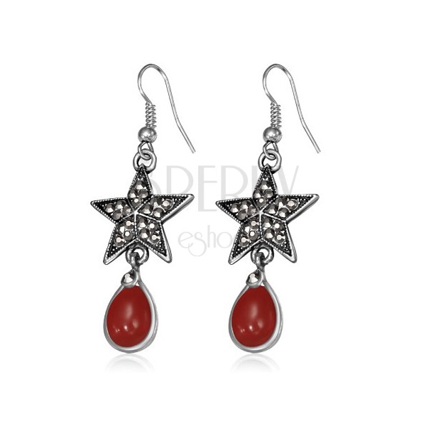 Metalowe kolczyki - pięcioramienna gwiazda z cyrkoniami i czerwony kamień