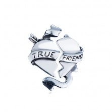 Podwójna srebrna zawieszka 925 - przełamane serce ze wstążką "TRUE FRIEND"