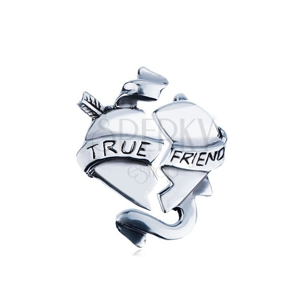 Podwójna srebrna zawieszka 925 - przełamane serce ze wstążką "TRUE FRIEND"