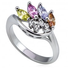 Srebrny metalowy pierścionek, korona z kolorowych i przeźroczystych cyrkonii