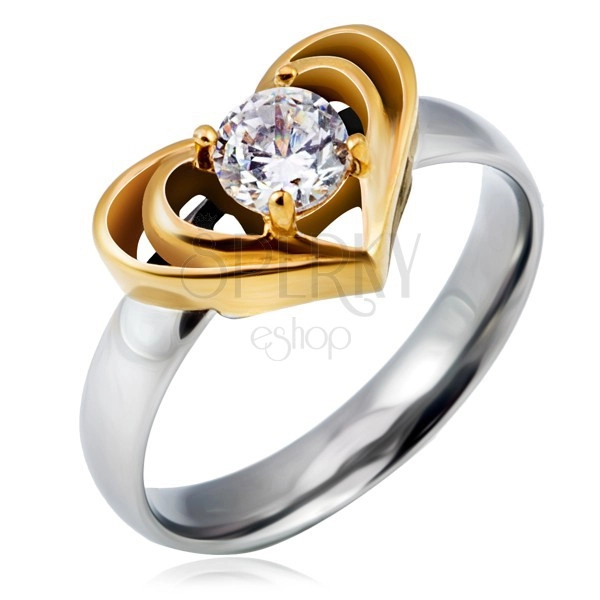 Srebrny stalowy pierścionek ze złotym podwójnym sercem, przeźroczysta cyrkonia