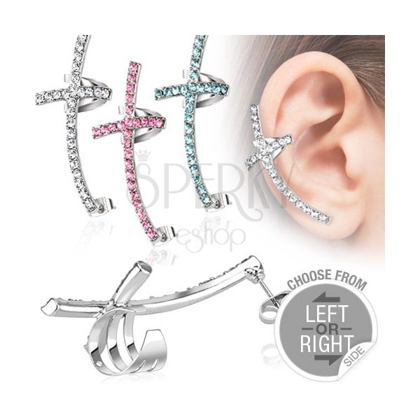 Fake piercing do ucha ze stali - kolorowy wygięty krzyż z cyrkoniami