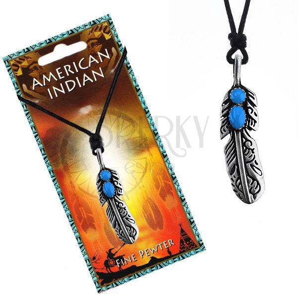 Naszyjnik sznurkowy z piórkiem indiańskim i niebieskimi oczkami