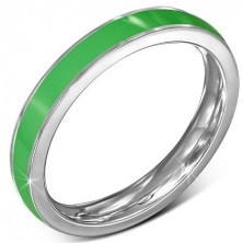 Cieńki stalowy pierścionek - obrączka, zielony prążek, srebrne brzegi