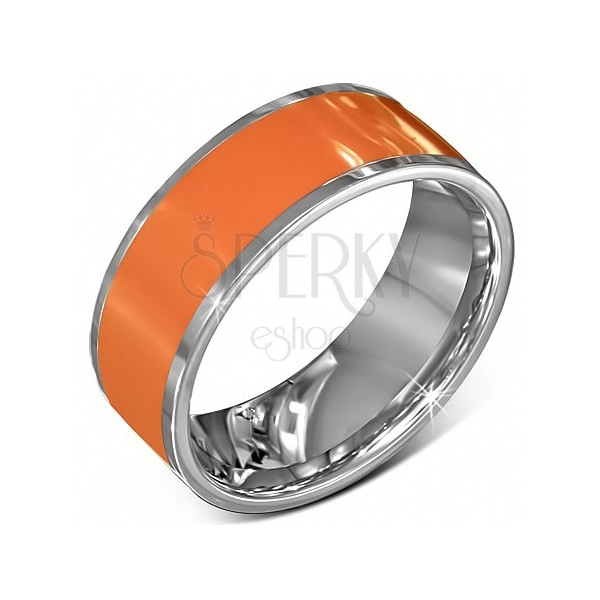 Gładka stalowa obrączka w kolorze pomarańczowym ze srebrnymi brzegami