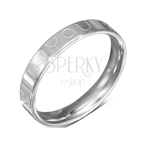 Stalowy pierścionek - obrączka, napis I LOVE YOU, symbol kobiety i mężczyzny