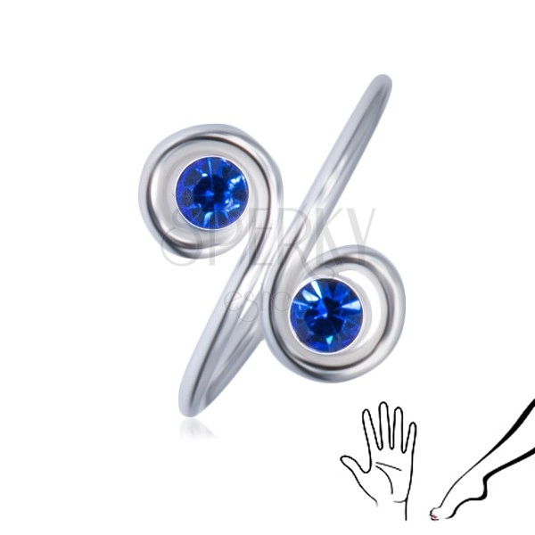 Srebrny pierścionek 925 na rękę albo nogę - dwie niebieskie cyrkonie w spiralach