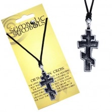 Naszyjnik - sznurek i metalowa zawieszka, ortodoksny krzyż, patyna