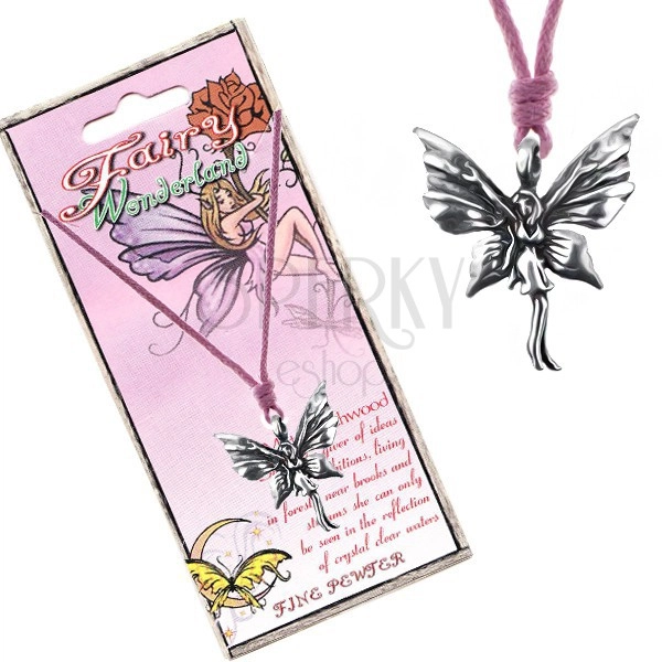 Różowy sznurek na szyję i metalowa zawieszka stojącej motylkowej wróżki
