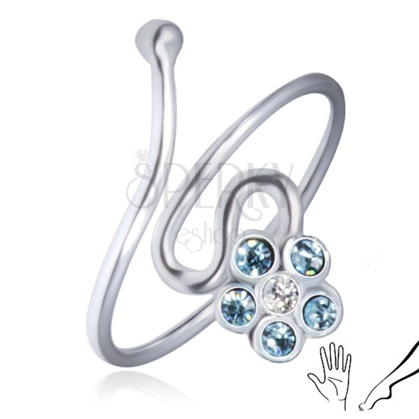 Lśniący srebrny pierścionek 925 - zakręcona linia, niebieski cyrkoniowy kwiatek