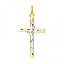 Zawieszka ze złota 585 - Jezus w białym złocie, krzyż z żółtego złota z wypustkami 
