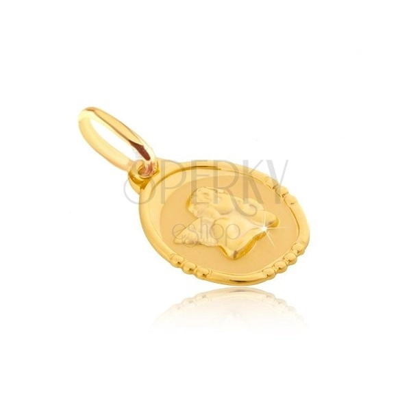 Złoty wisiorek 585 - owalna płytka z pulchnym aniołkiem
