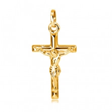 Wisiorek z żółtego 585 złota - umęczony Jezus na gładkim krzyżu
