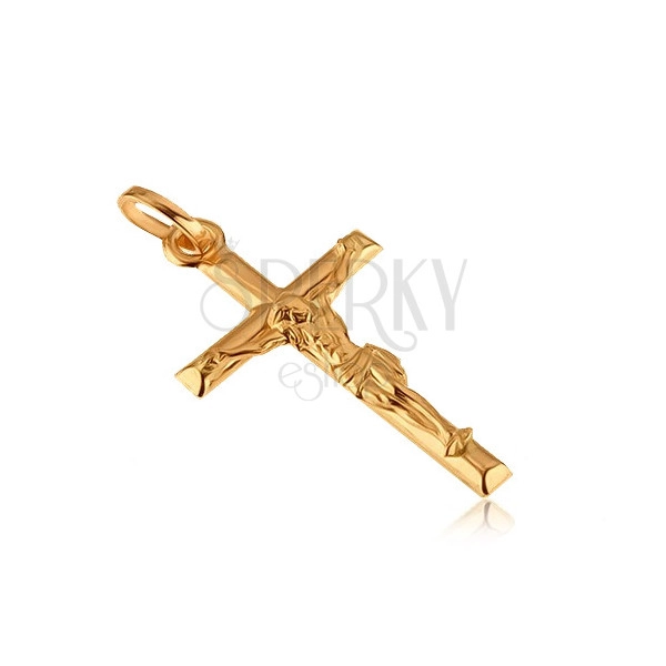 Wisiorek z żółtego 585 złota - umęczony Jezus na gładkim krzyżu