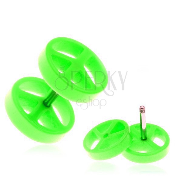 Akrylowy fake plug do ucha - zielony, symbol "peace"