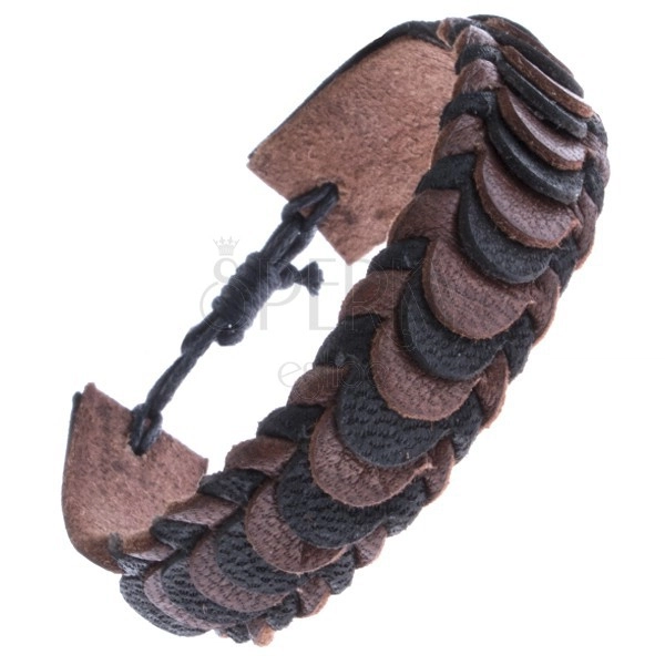 Skórzana bransoletka na rękę z łuskowym motywem - pleciona, brązowo-czarna