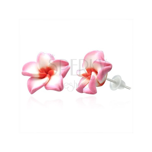 Kolczyki z masy FIMO - różowo-biały kwiat