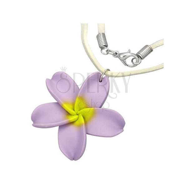 Kwiatowy FIMO naszyjnik - fioletowy kwiat, beżowy sznurek
