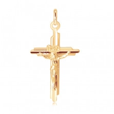 Złoty wisiorek 585 - krzyż z wgłębieniami na ramionach z trójwymiarowym Jezusem