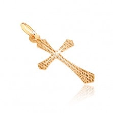 Złoty wisiorek 585 - strukturowany krzyż z rozszerzonym ramieniem i cienkim krzyżykiem