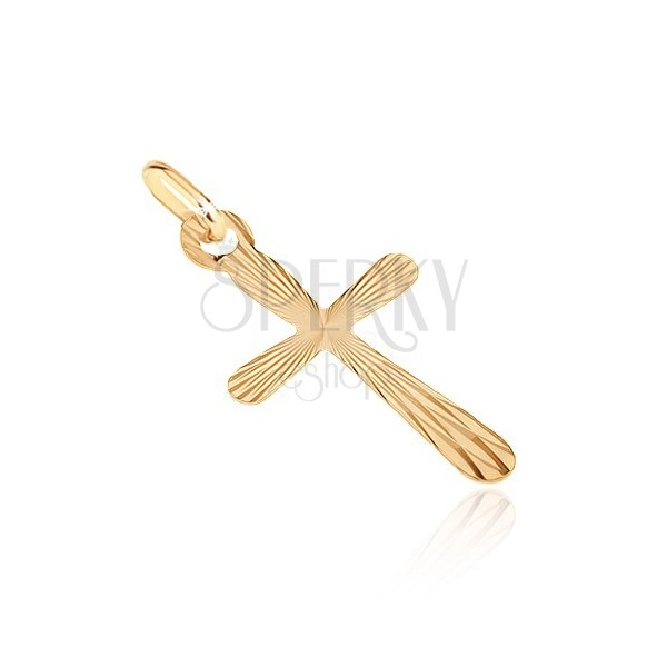 Wisiorek ze złota 14K - krzyż o zaokrąglonych ramionach z lustrzanymi płytkami