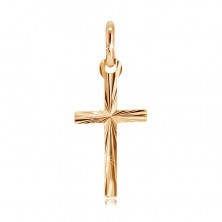 Złoty wisiorek 585 - krzyż z przedłużonym ramieniem i segmentową powierzchnią