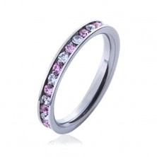 Stalowy pierścionek z kamyczkami różowego i przeźroczystego koloru 